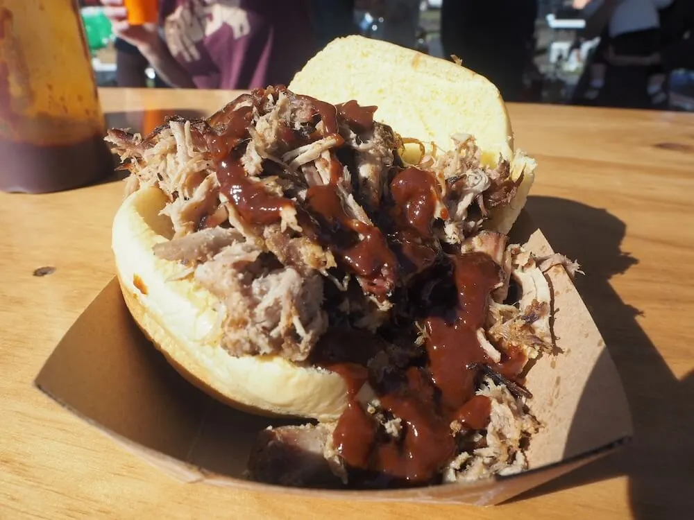 Pulled pork bap with chocolate and bacon sauce