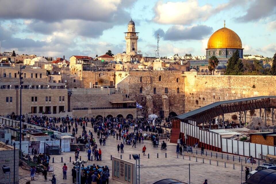 View of city of Jerusalem with people walking around