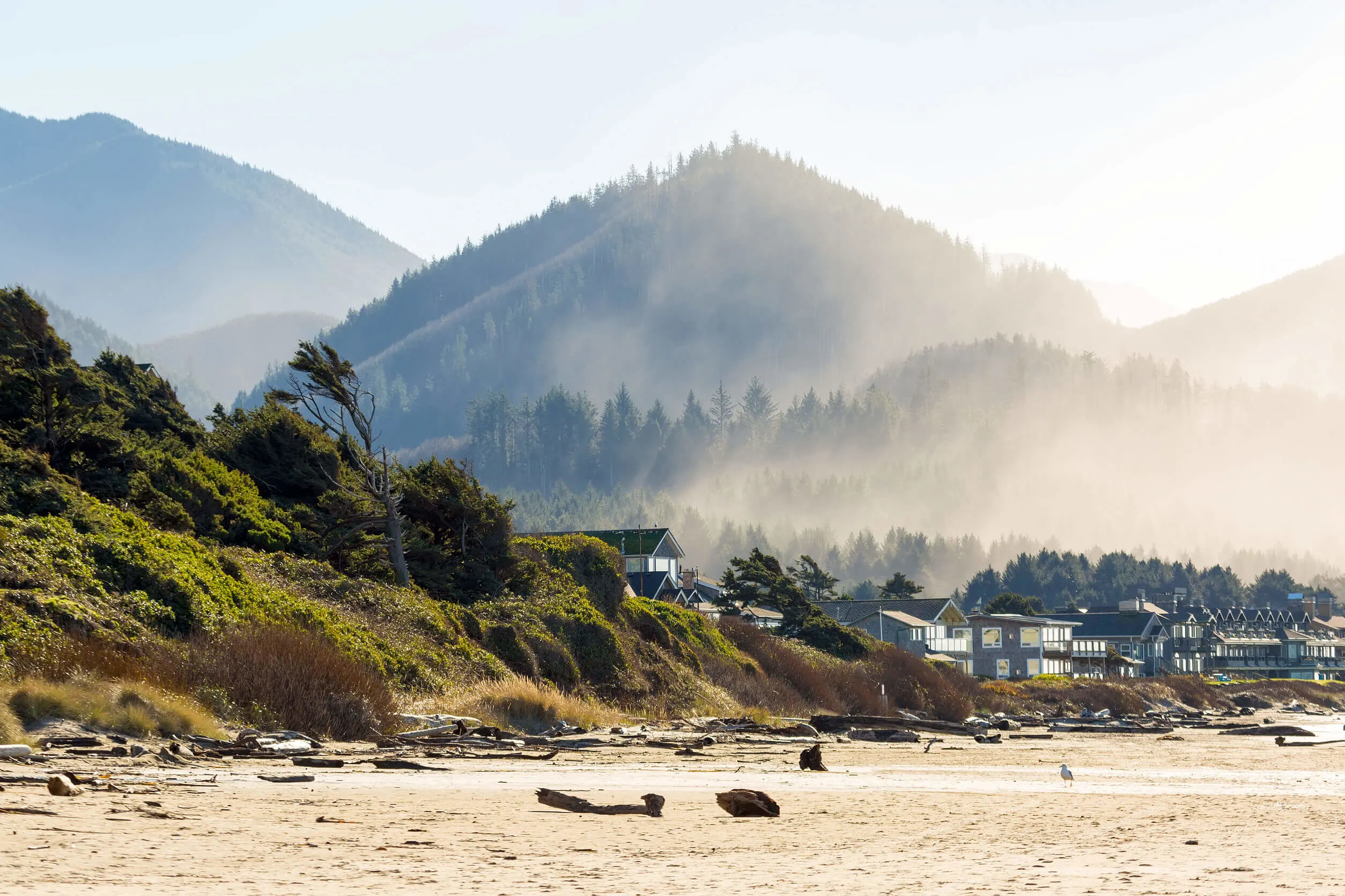 Oceanfront vacation homes along Cannon Beach Oregon Coast by Pacific Ocean