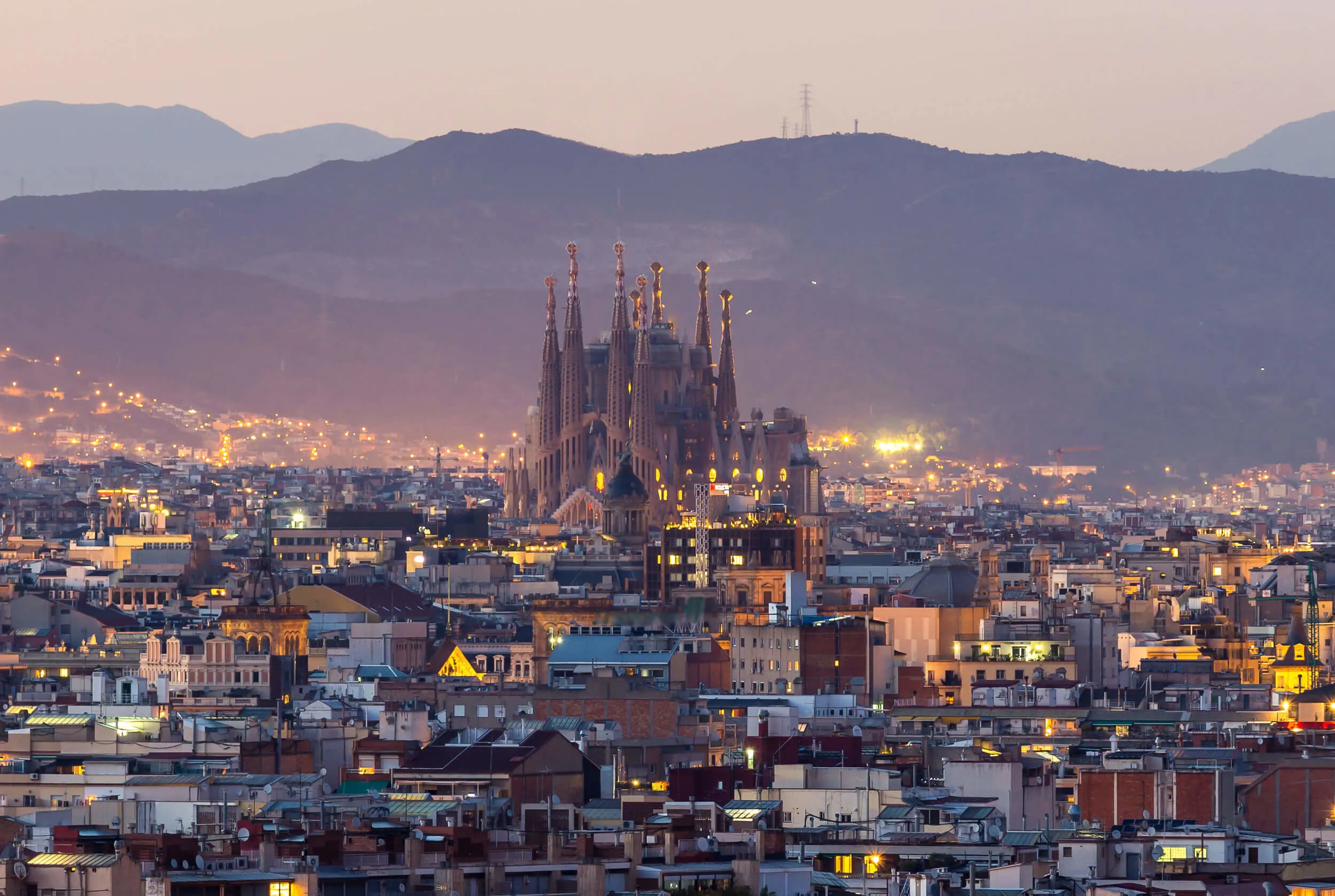 Panorama view of barcelona city and sagrada familia at dusk time,Spain