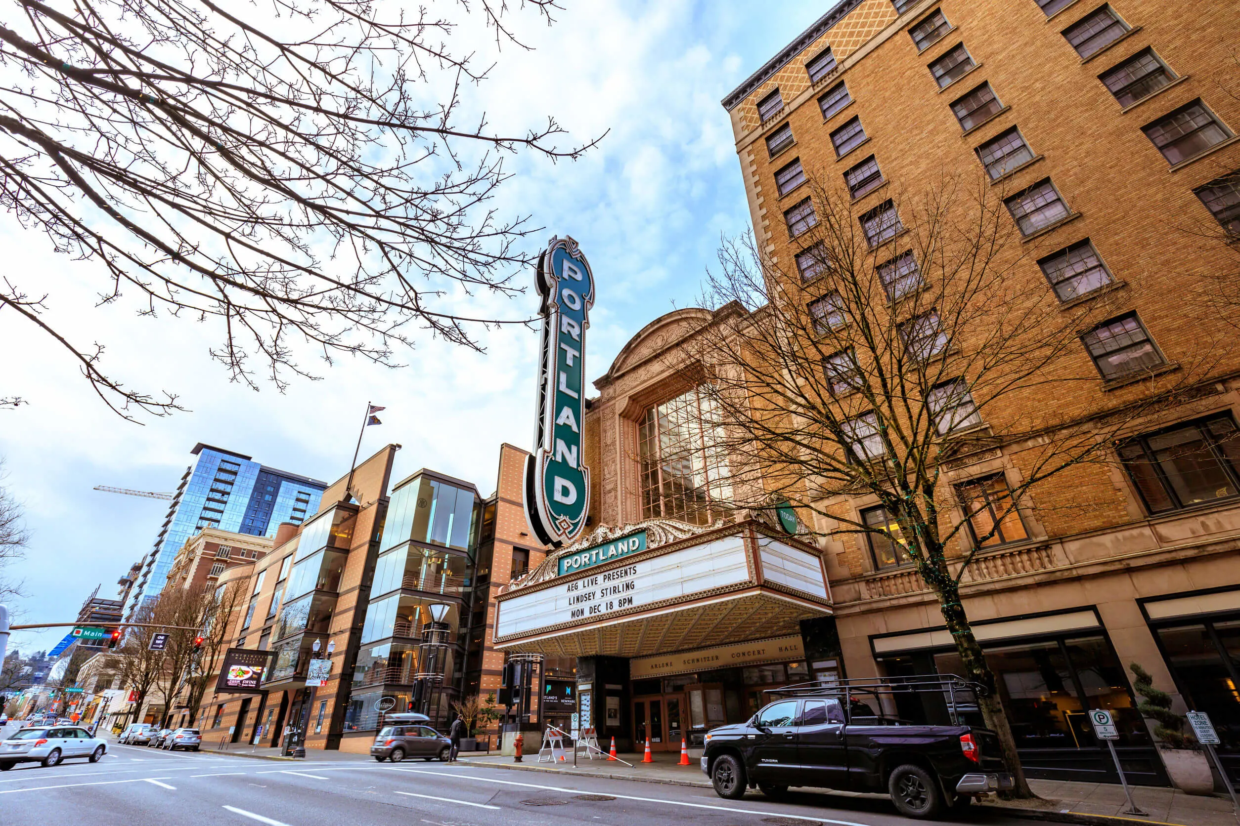 Portland, Oregon, United States - Dec 19, 2017: The iconic Portland sign of Arlene Schnitzer Concert Hall in downtown at winter season
