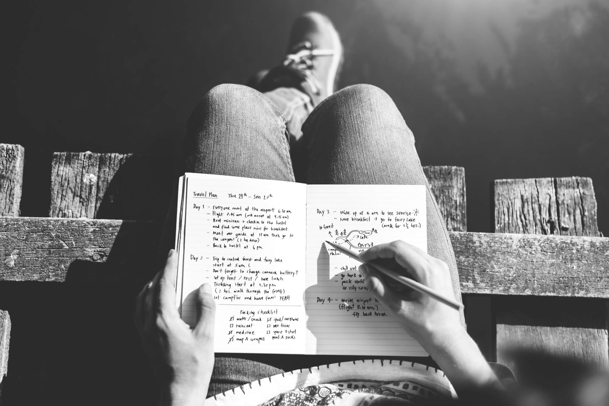 girl sitting and writing travel diary concept
