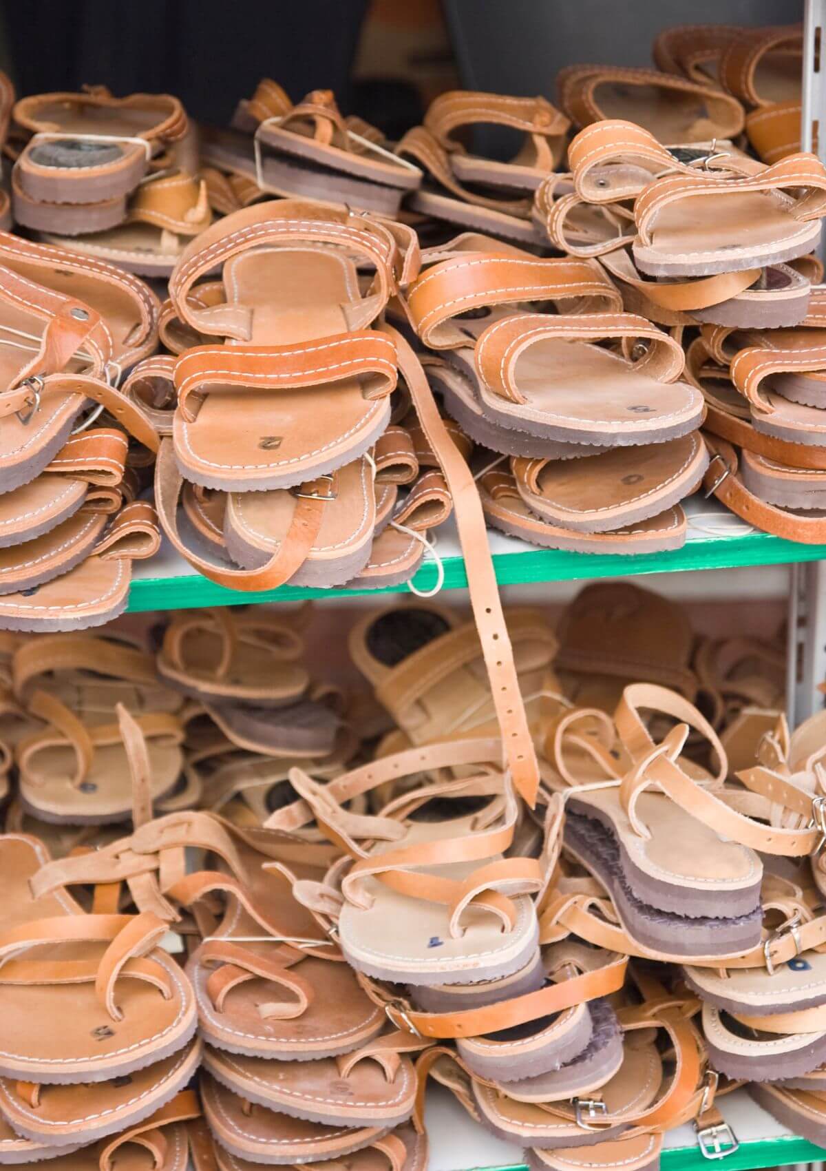 Leather sandals on display at Greece souvenir stores