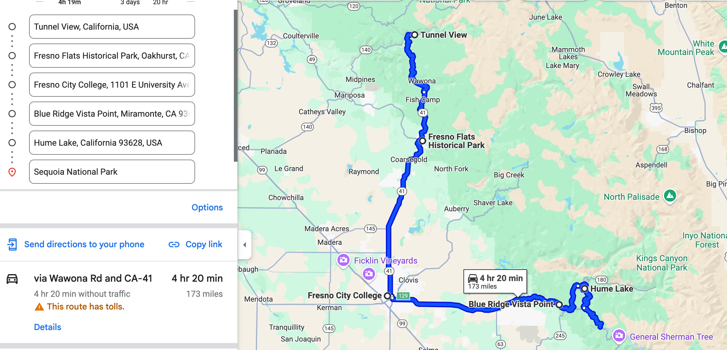 Map of the road trip from Yosemite to Sequoia National Park