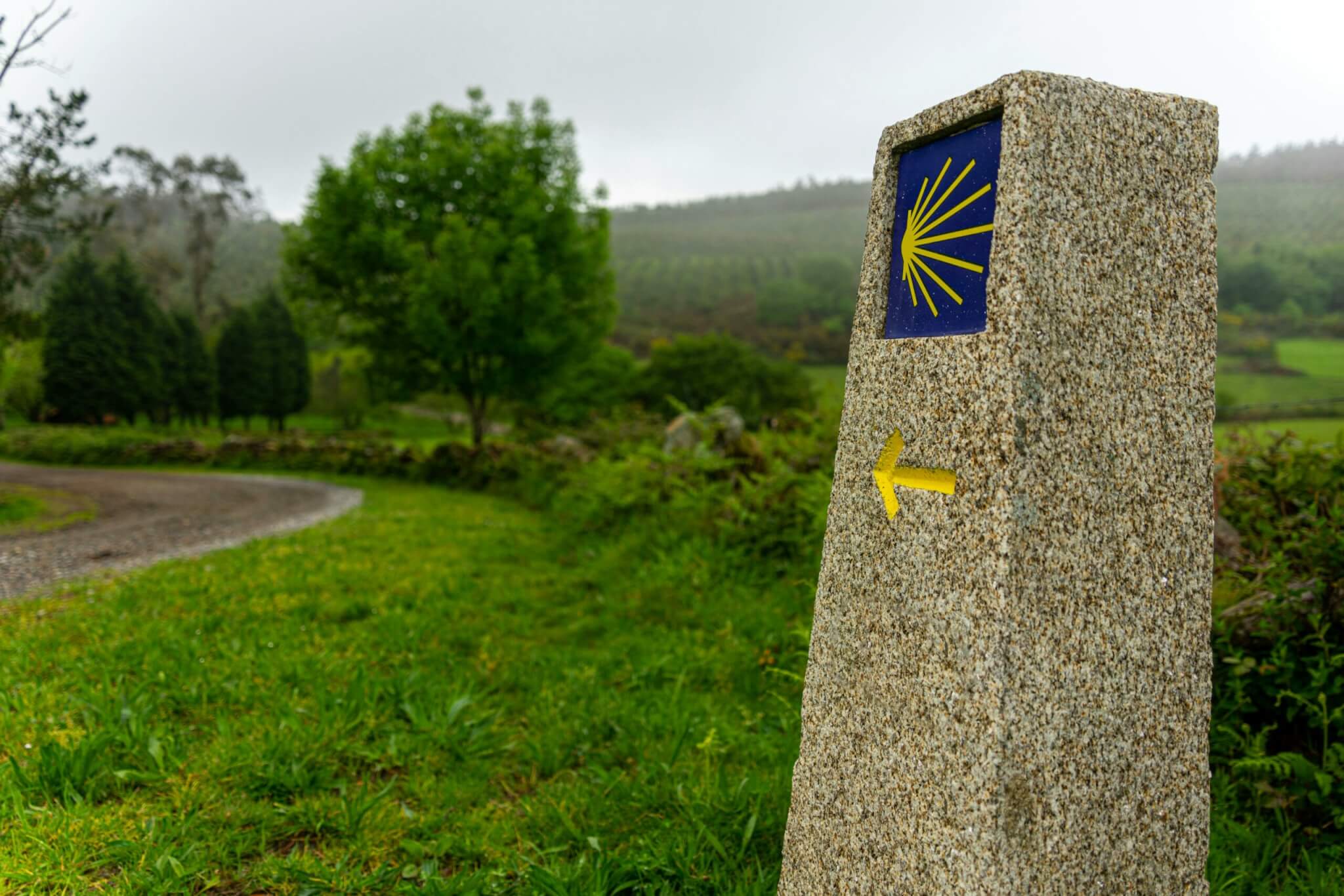 Waymark signpost on the Camino de Santiago trail in Spain, guiding walkers along the pilgrimage route.