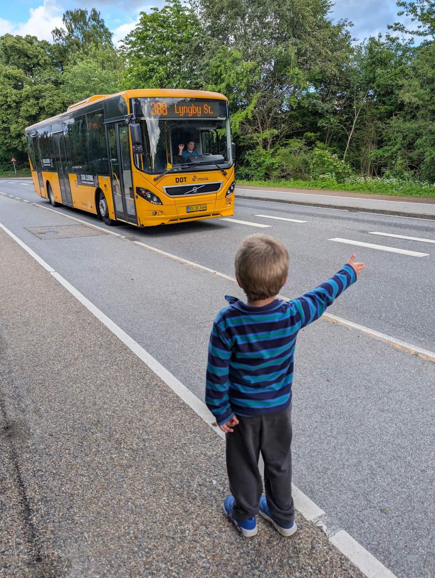 My son calling the bus in Horsholm